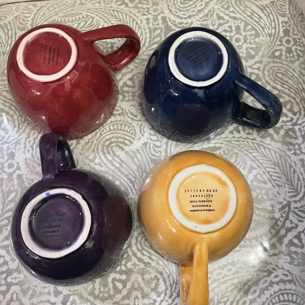 Pottery Barn Sausalito Mugs Set 4 Multi Color Red Blue Purple Yellow Stoneware